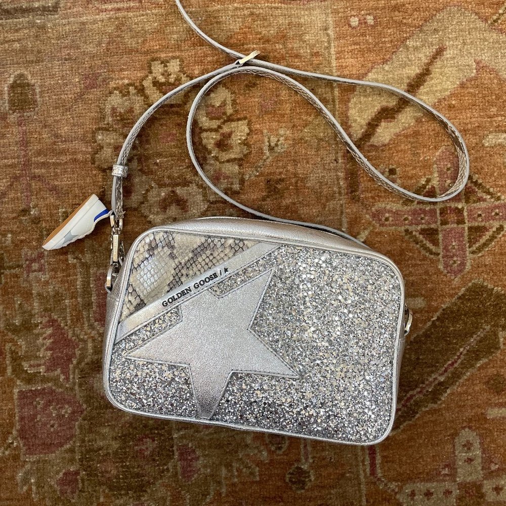 Golden Goose Logo Star Crossbody Bag Purse Silver Glitter
